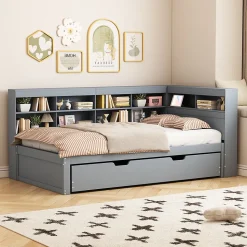 Lit Gigogne 90x200 cm avec Tiroir Gigogne 90x190 cm et Rangement, Lit Bois Multifonction avec USB Intégré, Gris