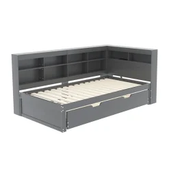 Lit Gigogne 90x200 cm avec Tiroir Gigogne 90x190 cm et Rangement, Lit Bois Multifonction avec USB Intégré, Gris