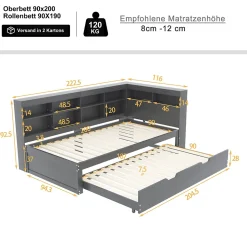 Lit Gigogne 90x200 cm avec Tiroir Gigogne 90x190 cm et Rangement, Lit Bois Multifonction avec USB Intégré, Gris