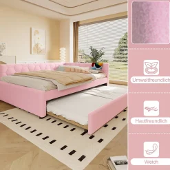 Lit gigogne 140x200 cm avec tiroir, lampe intégrée et ports USB Type-C - 2 couchages gain de place - imitation laine rose