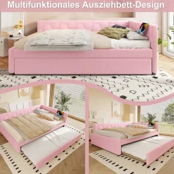 Lit gigogne 140x200 cm avec tiroir, lampe intégrée et ports USB Type-C - 2 couchages gain de place - imitation laine rose