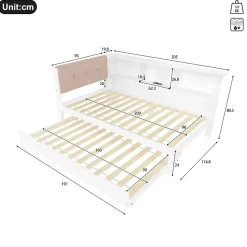 Lit gigogne 90x200 cm avec tiroir, étagère, bande LED et port USB - 2 couchages gain de place - pin et MDF blanc - sans matelas