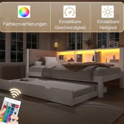 Lit gigogne 90x200 cm avec tiroir, étagère, bande LED et port USB - 2 couchages gain de place - pin et MDF blanc - sans matelas