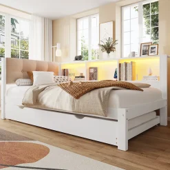 Lit gigogne 90x200 cm avec tiroir, étagère, bande LED et port USB - 2 couchages gain de place - pin et MDF blanc - sans matelas