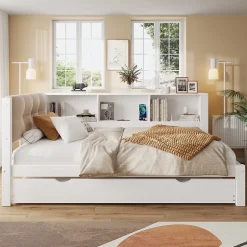 Lit gigogne 90x200 cm avec tiroir, étagère, bande LED et port USB - 2 couchages gain de place - pin et MDF blanc - sans matelas