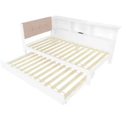 Lit gigogne 90x200 cm avec tiroir, étagère, bande LED et port USB - 2 couchages gain de place - pin et MDF blanc - sans matelas
