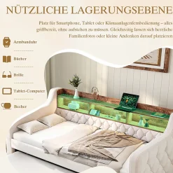 Lit Gigogne 90x190 cm Beige avec Rangement Intégré, Éclairage LED et Port USB, Tissu Velours