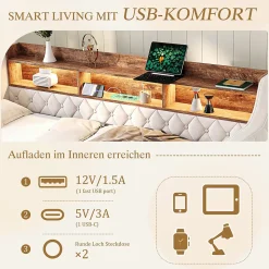 Lit Gigogne 90x190 cm Beige avec Rangement Intégré, Éclairage LED et Port USB, Tissu Velours