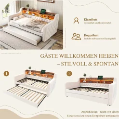 Lit Gigogne 90x190 cm Beige avec Rangement Intégré, Éclairage LED et Port USB, Tissu Velours