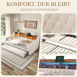 Lit Gigogne 90x190 cm Beige avec Rangement Intégré, Éclairage LED et Port USB, Tissu Velours