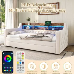 Lit Gigogne 90x190 cm Beige avec Rangement Intégré, Éclairage LED et Port USB, Tissu Velours