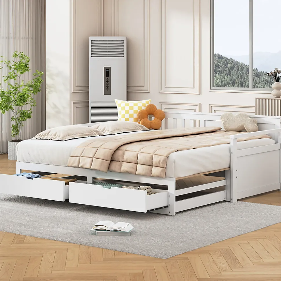Lit Gigogne 90/180x190 cm Bois Blanc avec Tiroirs et Lit Sur Roulettes, Multifonction pour Chambre enfant, Blanc