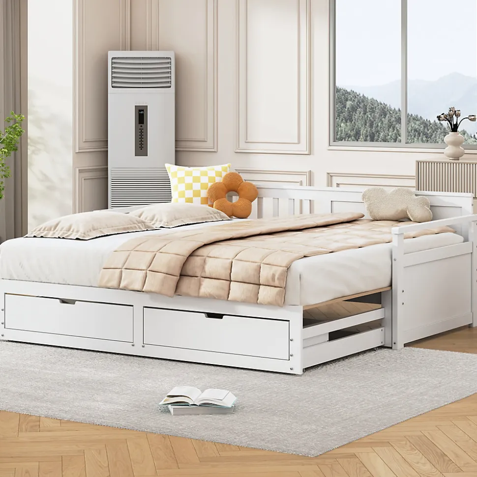 Lit Gigogne 90/180x190 cm Bois Blanc avec Tiroirs et Lit Sur Roulettes, Multifonction pour Chambre enfant, Blanc