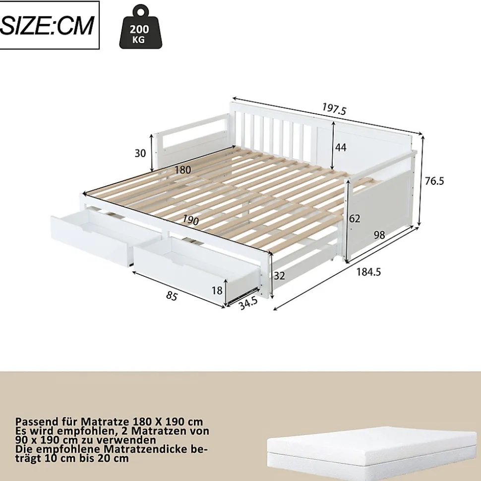 Lit Gigogne 90/180x190 cm Bois Blanc avec Tiroirs et Lit Sur Roulettes, Multifonction pour Chambre enfant, Blanc
