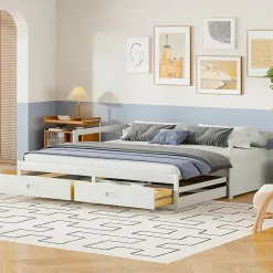 Lit Gigogne 90/180x190 cm Bois Blanc avec Tiroirs et Sommier À Lattes, Multifonction pour Chambre enfant, Blanc