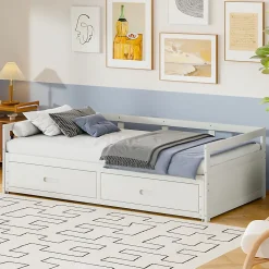 Lit Gigogne 90/180x190 cm Bois Blanc avec Tiroirs et Sommier À Lattes, Multifonction pour Chambre enfant, Blanc