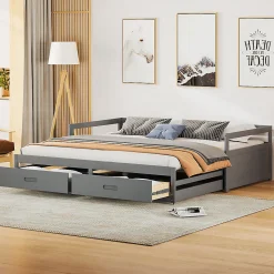 Lit Gigogne 90/180x190 cm Bois Gris avec Tiroirs et Sommier À Lattes, Multifonction pour Chambre enfant, Gris