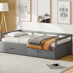 Lit Gigogne 90/180x190 cm Bois Gris avec Tiroirs et Sommier À Lattes, Multifonction pour Chambre enfant, Gris