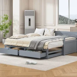 Lit Gigogne 90/180x190 cm Bois Gris avec Tiroirs et Lit Sur Roulettes, Multifonction pour Chambre enfant, Gris