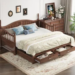 Lit Gigogne 90/180x190 cm Bois Massif avec Tiroir et Sommier À Lattes, Multifonction pour Chambre enfant Ou Ado, Noyer