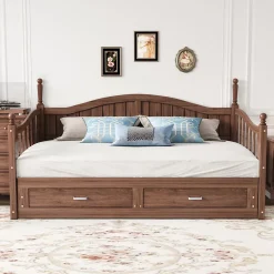 Lit Gigogne 90/180x190 cm Bois Massif avec Tiroir et Sommier À Lattes, Multifonction pour Chambre enfant Ou Ado, Noyer