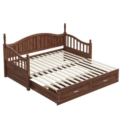 Lit Gigogne 90/180x190 cm Bois Massif avec Tiroir et Sommier À Lattes, Multifonction pour Chambre enfant Ou Ado, Noyer