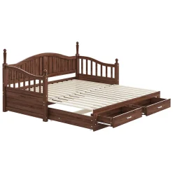 Lit Gigogne 90/180x190 cm Bois Massif avec Tiroir et Sommier À Lattes, Multifonction pour Chambre enfant Ou Ado, Noyer