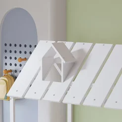 Lit Gigogne 120x200 cm Cabane enfant avec Tiroirs Rangement, Toit Cheminée, Protection Anti-Chute, Bois, Blanc, Sans Matelas