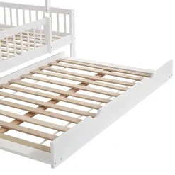 Lit Gigogne 120x200 cm Cabane enfant avec Tiroirs Rangement, Toit Cheminée, Protection Anti-Chute, Bois, Blanc, Sans Matelas