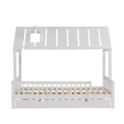 Lit Gigogne 120x200 cm Cabane enfant avec Tiroirs Rangement, Toit Cheminée, Protection Anti-Chute, Bois, Blanc, Sans Matelas