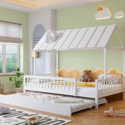 Lit Gigogne 120x200 cm Cabane enfant avec Tiroirs Rangement, Toit Cheminée, Protection Anti-Chute, Bois, Blanc, Sans Matelas