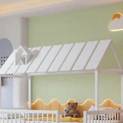 Lit Gigogne 120x200 cm Cabane enfant avec Tiroirs Rangement, Toit Cheminée, Protection Anti-Chute, Bois, Blanc, Sans Matelas