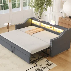 Lit Gigogne 90/180x190 cm capitonné - avec Led, Usb et Rangement, Sans Matelas, en Tissu Gris Foncé