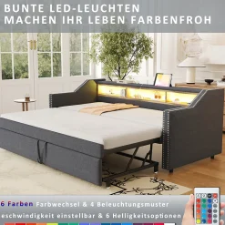 Lit Gigogne 90/180x190 cm capitonné - avec Led, Usb et Rangement, Sans Matelas, en Tissu Gris Foncé