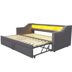 Lit Gigogne 90/180x190 cm capitonné - avec Led, Usb et Rangement, Sans Matelas, en Tissu Gris Foncé