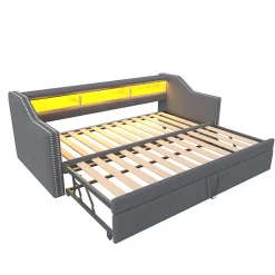 Lit Gigogne 90/180x190 cm capitonné - avec Led, Usb et Rangement, Sans Matelas, en Tissu Gris Foncé
