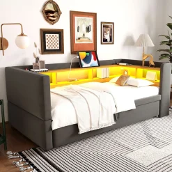 Lit gigogne 90/180x190 cm capitonné avec tiroirs, espaces de rangement, éclairage LED et prises intégrées - gris foncé