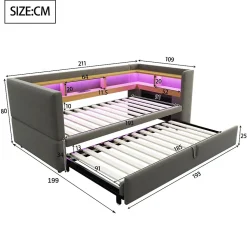 Lit gigogne 90/180x190 cm capitonné avec tiroirs, espaces de rangement, éclairage LED et prises intégrées - gris foncé