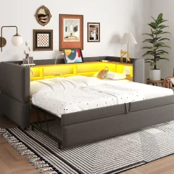 Lit gigogne 90/180x190 cm capitonné avec tiroirs, espaces de rangement, éclairage LED et prises intégrées - gris foncé