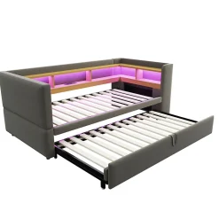 Lit gigogne 90/180x190 cm capitonné avec tiroirs, espaces de rangement, éclairage LED et prises intégrées - gris foncé