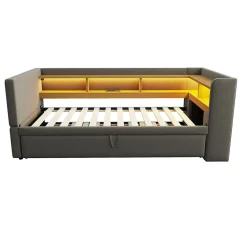 Lit gigogne 90/180x190 cm capitonné avec tiroirs, espaces de rangement, éclairage LED et prises intégrées - gris foncé
