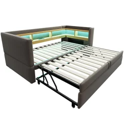 Lit gigogne 90/180x190 cm capitonné avec tiroirs, espaces de rangement, éclairage LED et prises intégrées - gris foncé