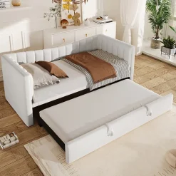 Lit gigogne 90x200 cm capitonné extensible 180x200 cm avec tiroir et sommier - 2 couchages - velours blanc - sans matelas