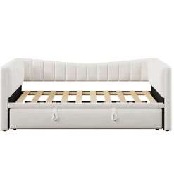 Lit gigogne 90x200 cm capitonné extensible 180x200 cm avec tiroir et sommier - 2 couchages - velours blanc - sans matelas