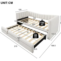 Lit gigogne 90x200 cm capitonné extensible 180x200 cm avec tiroir et sommier - 2 couchages - velours blanc - sans matelas