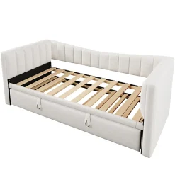 Lit gigogne 90x200 cm capitonné extensible 180x200 cm avec tiroir et sommier - 2 couchages - velours blanc - sans matelas