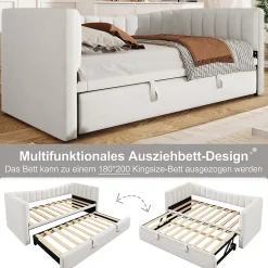 Lit gigogne 90x200 cm capitonné extensible 180x200 cm avec tiroir et sommier - 2 couchages - velours blanc - sans matelas