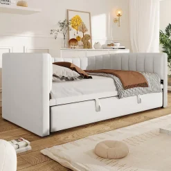 Lit gigogne 90x200 cm capitonné extensible 180x200 cm avec tiroir et sommier - 2 couchages - velours blanc - sans matelas