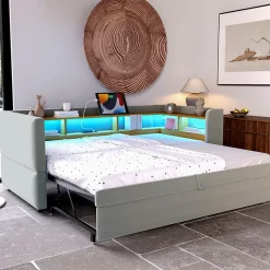 Lit Gigogne 90/180x190 cm Convertible avec LED et Prise USB, Rangement sous le Lit, Tissu Flanelle Gris Clair, Sans Matelas