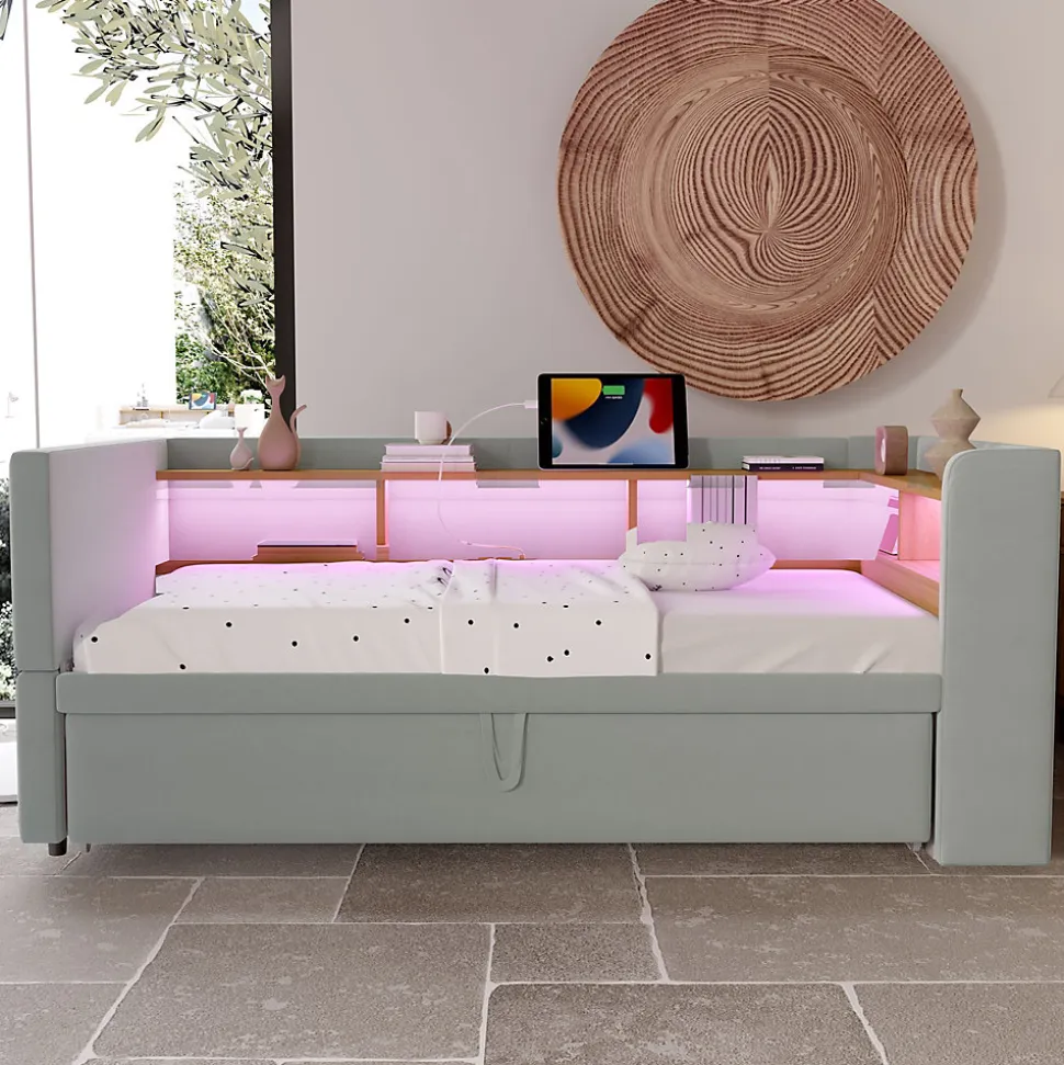 Lit Gigogne 90/180x190 cm Convertible avec LED et Prise USB, Rangement sous le Lit, Tissu Flanelle Gris Clair, Sans Matelas